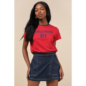 Lulus Fadella Dark Wash Denim High-rise Skort Blue - Size M